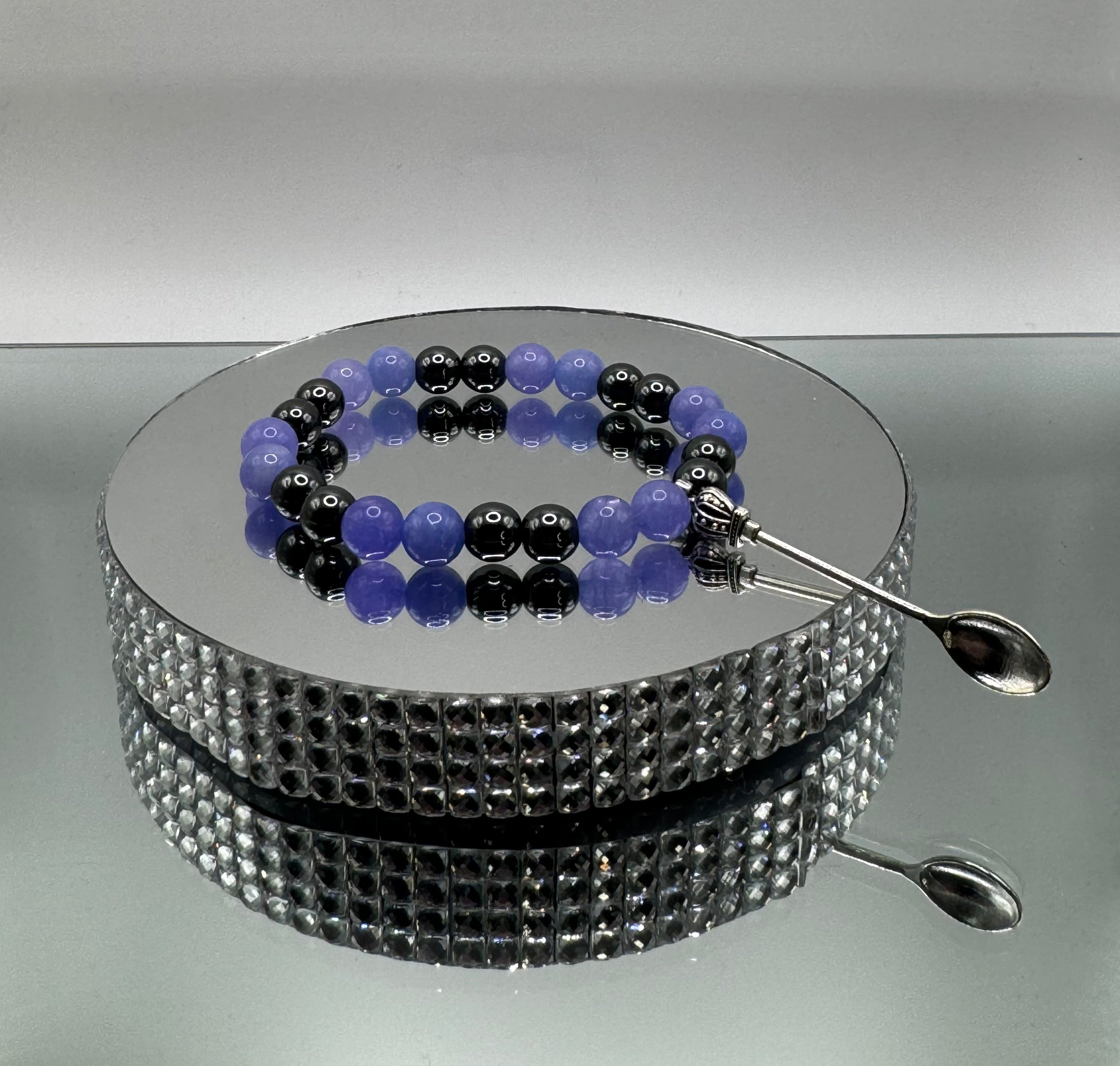 BLUE ANGELITE & BLACK HEMATITE STONE BEAD BRACELET