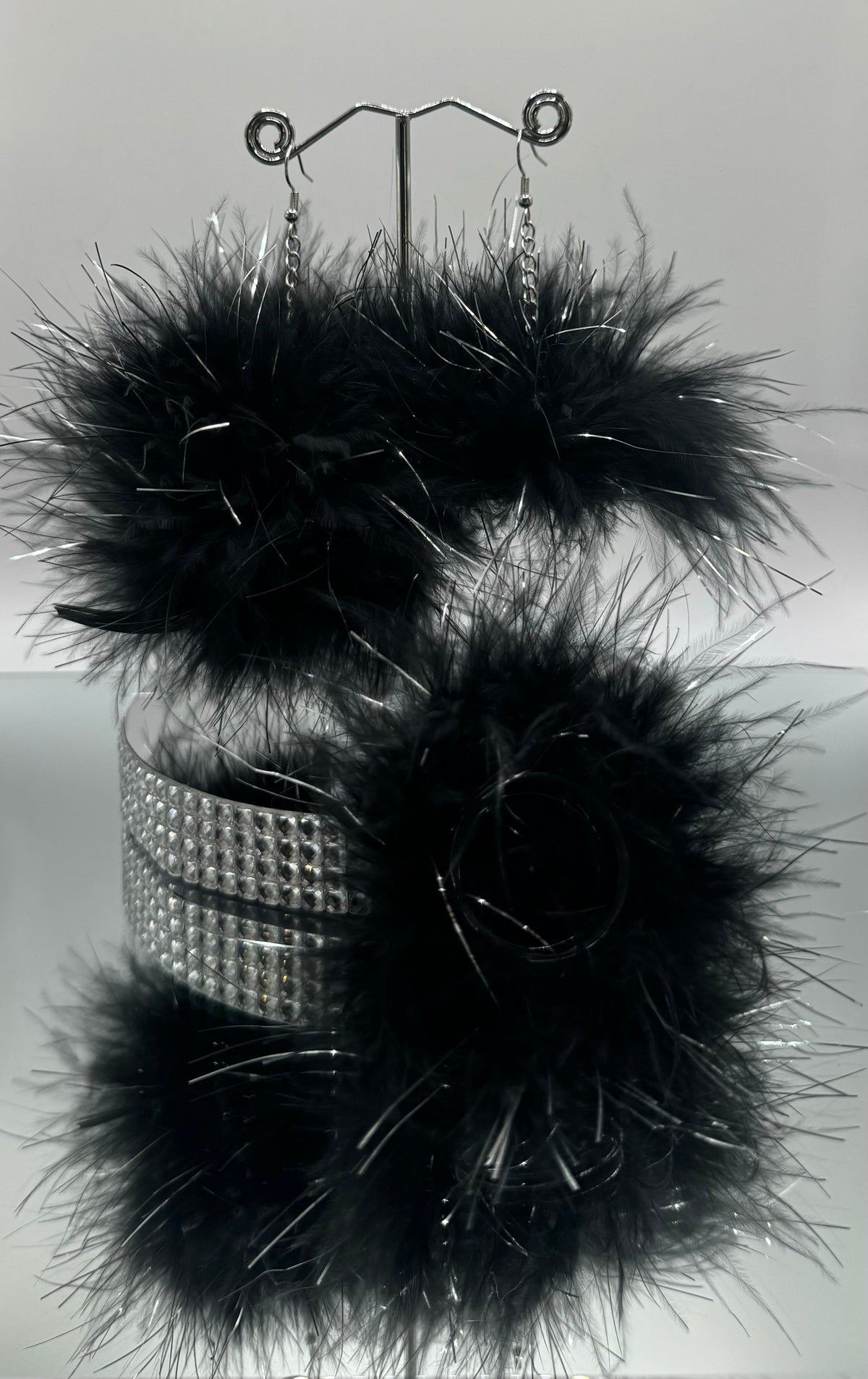 TINSEL & BLACK FLUFF POCKET EARRINGS
