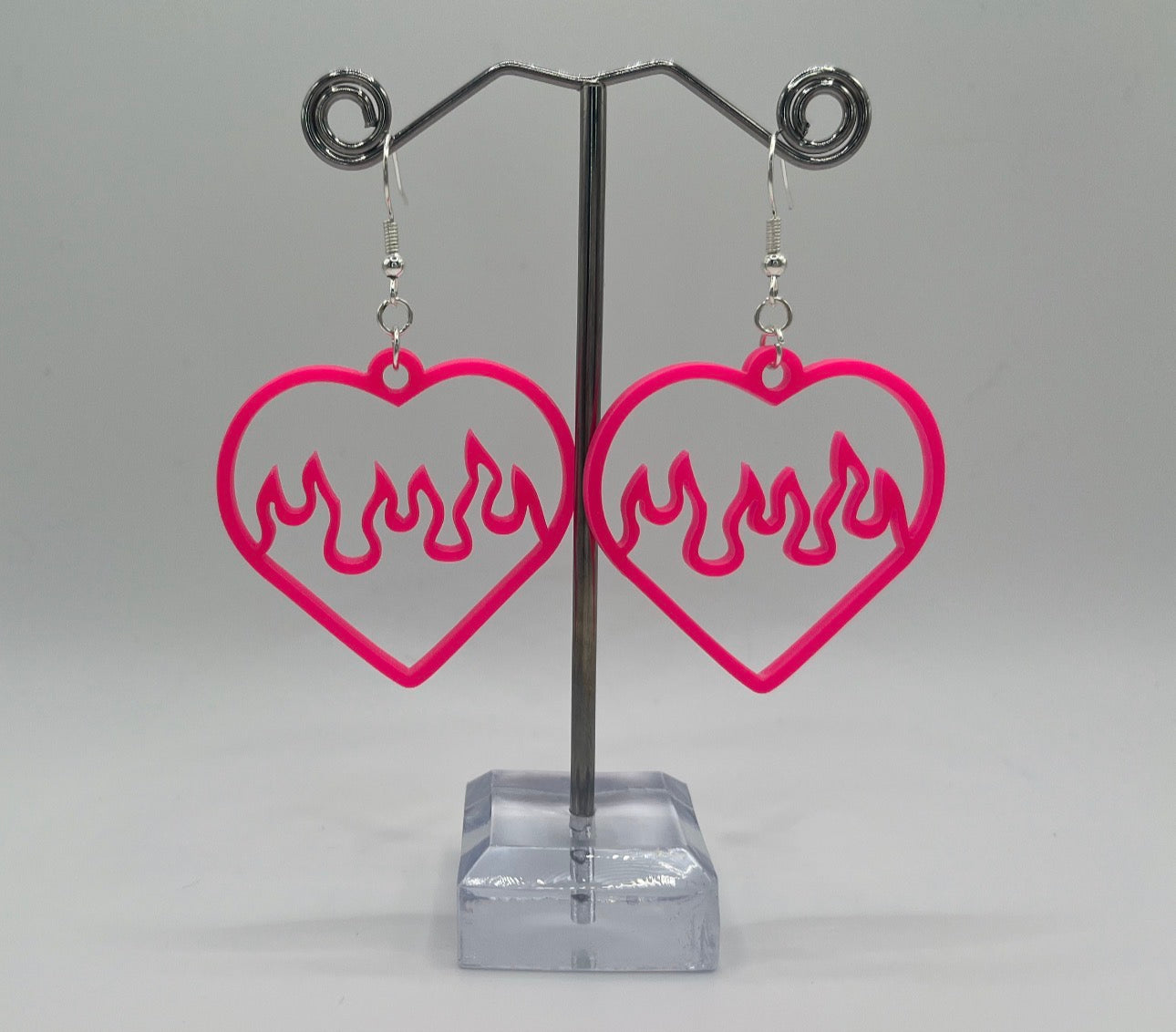 PINK FLAME HEART EARRINGS