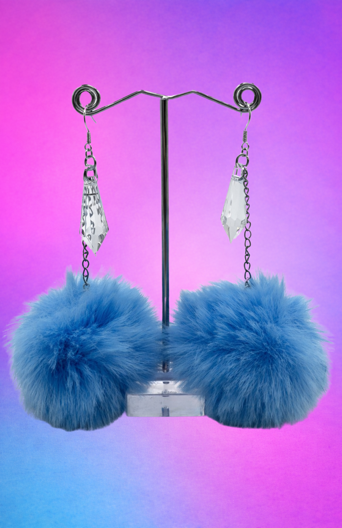 TEARDROP CRYSTAL LIGHT BLUE POM POM EARRINGS