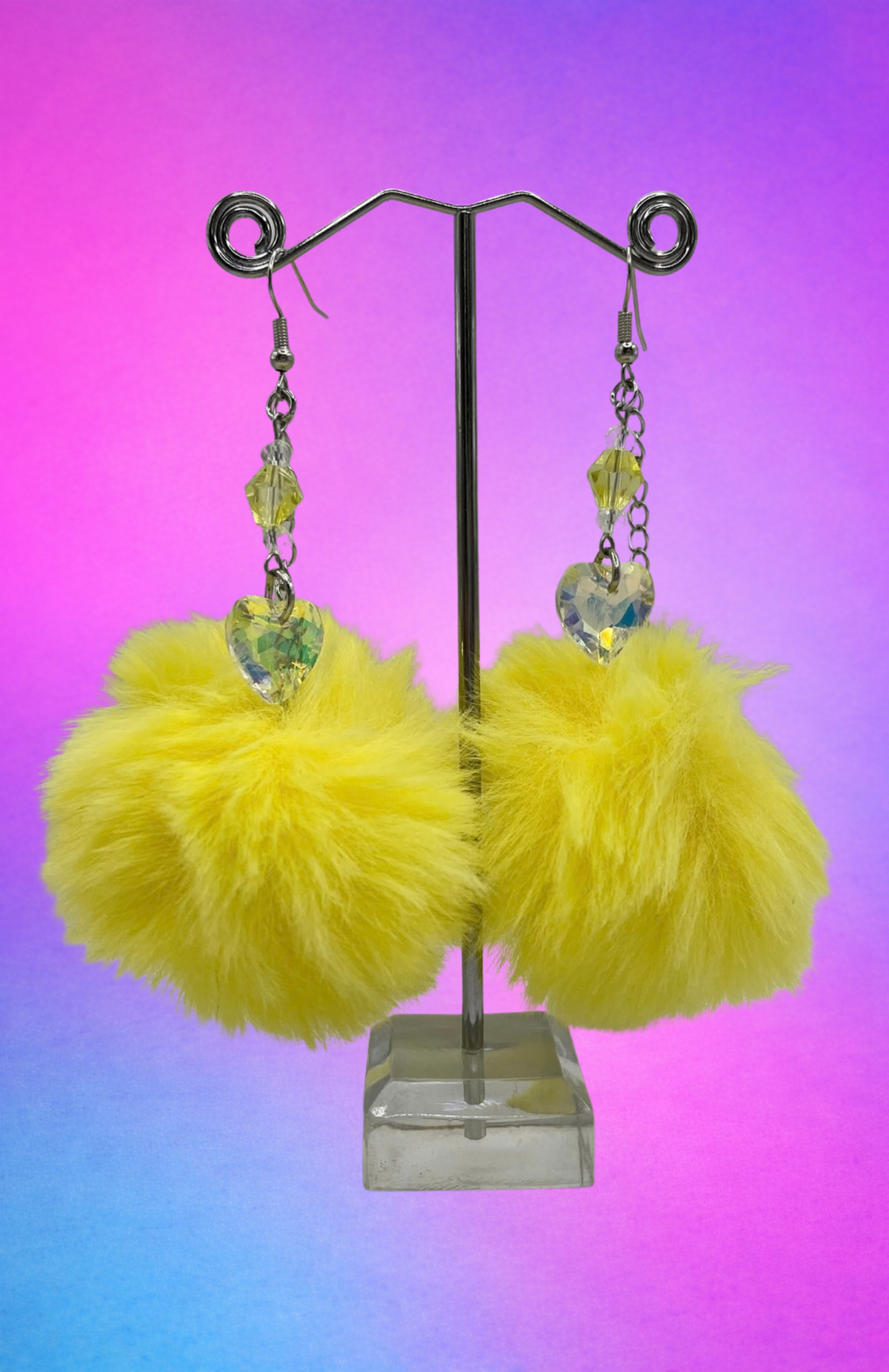 CRYSTAL HEART YELLOW POM POM EARRINGS