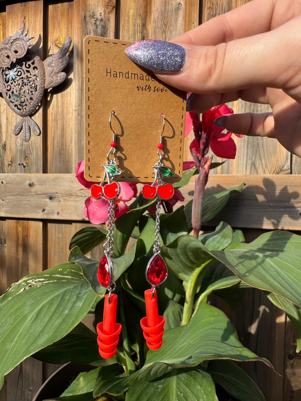 CRYSTAL CHERRY EARPLUG EARRINGS