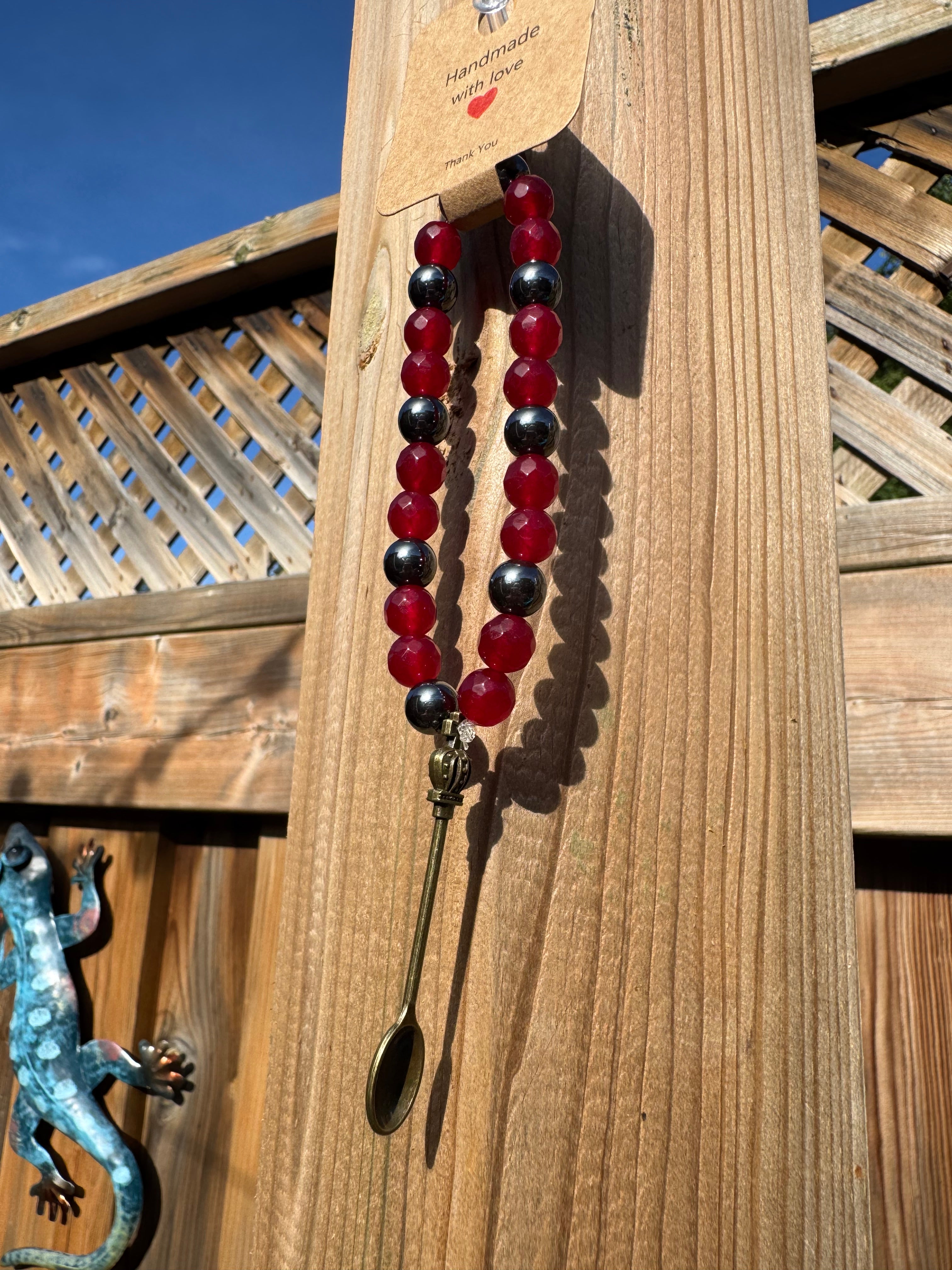 RUBY JADES & BLACK HEMATITE STONE BEAD BRACELET