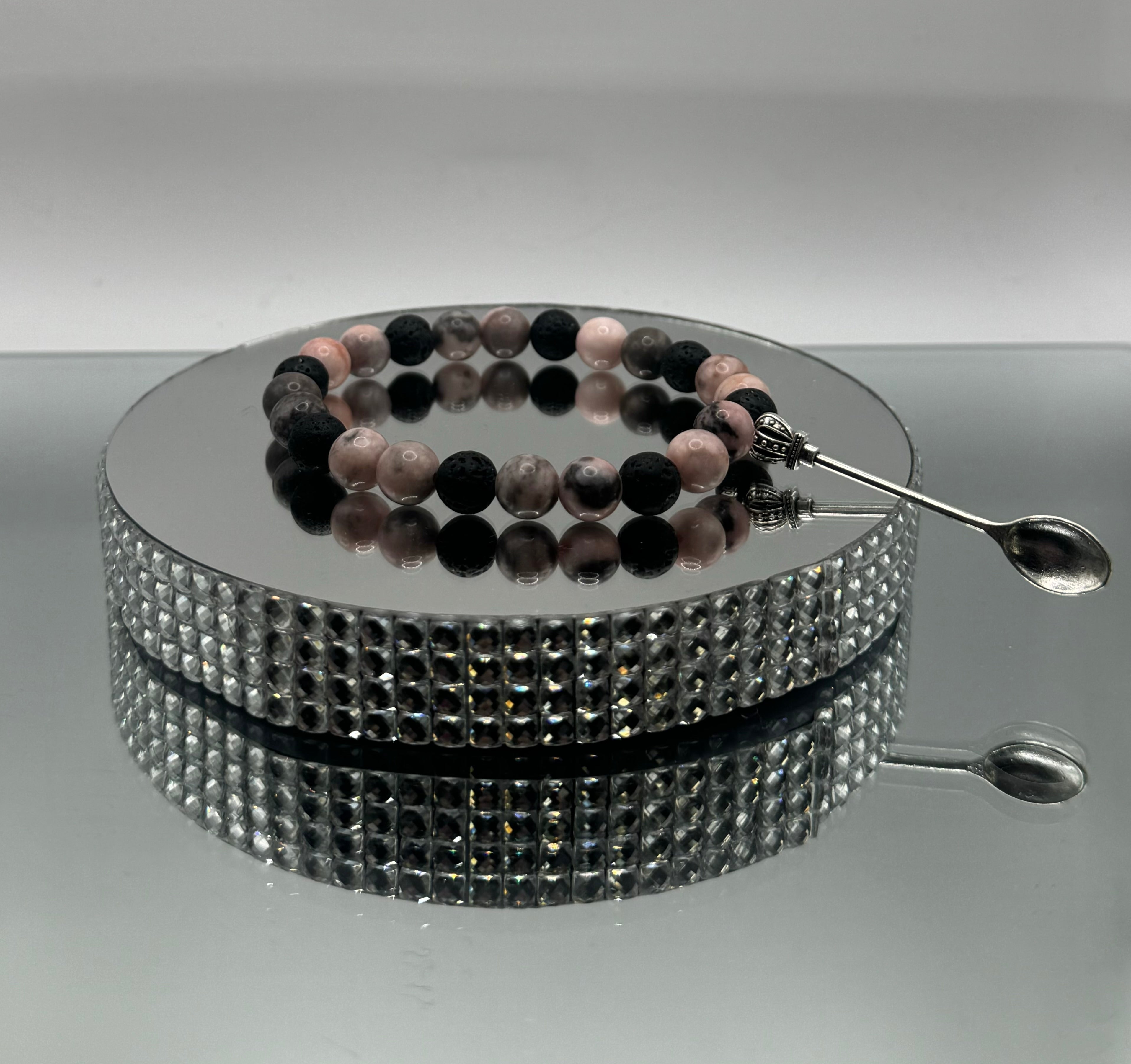 NATURAL BLACK LAVA & PINK ZEBRA JASPER STONE BEAD BRACELET