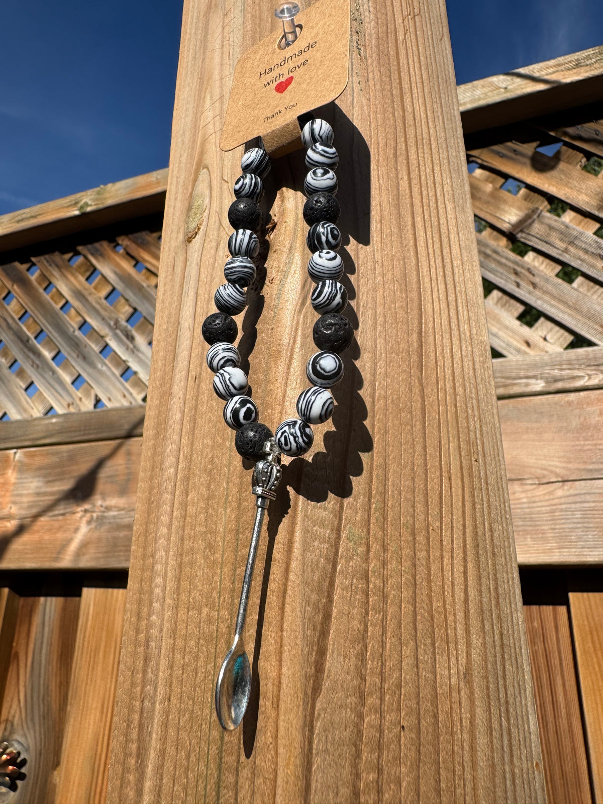 NATURAL BLACK LAVA & BLACK AND WHITE STRIPED AGATE STONE BEAD BRACELET