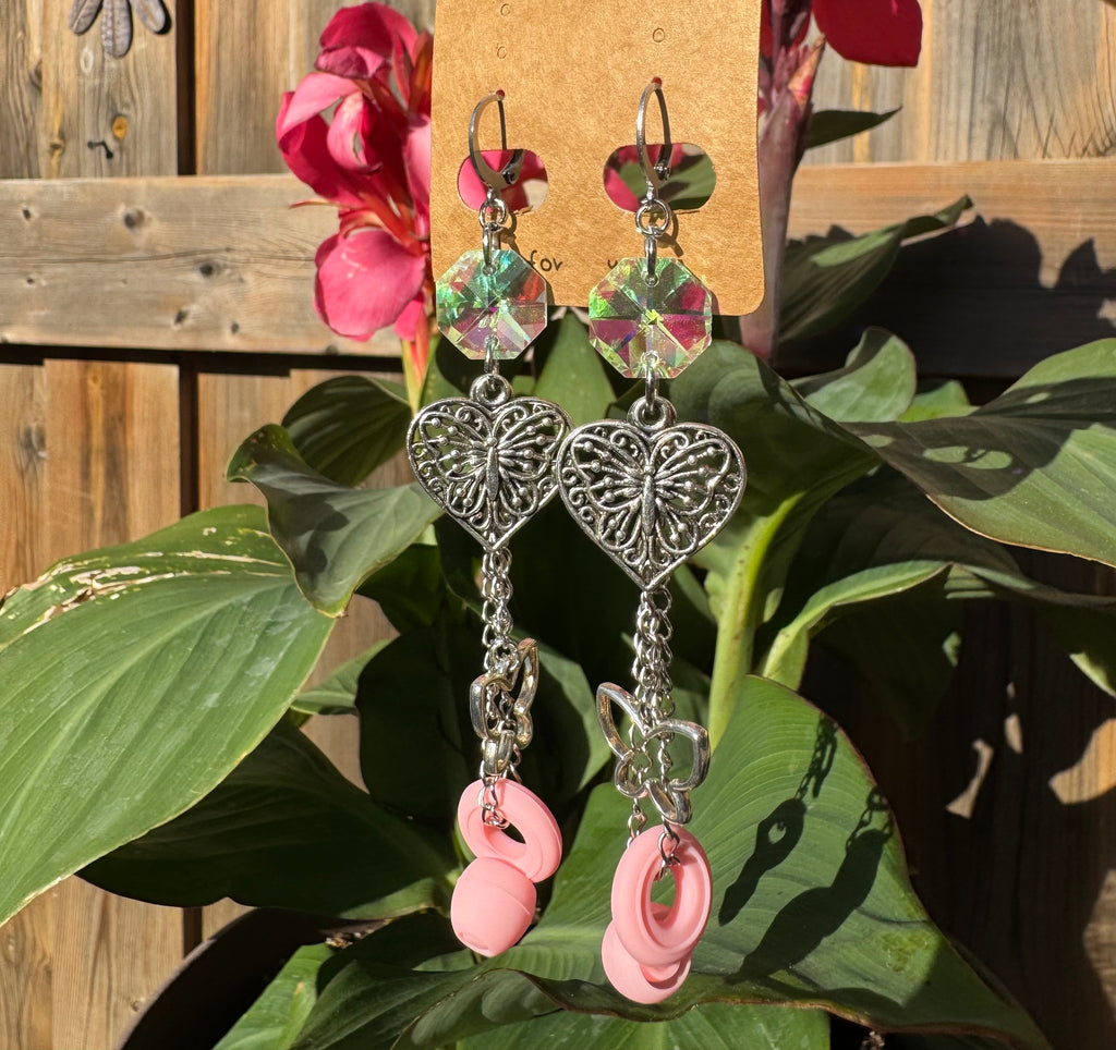 PINK CRYSTAL BUTTERFLY EARPLUG EARRINGS