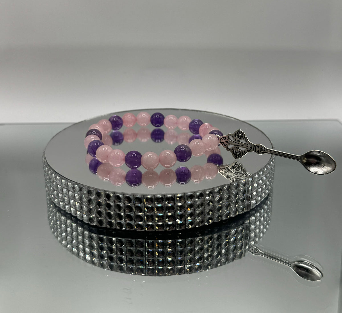 ROSE QUARTZ & TOOTH AMETHYST STONE BEAD BRACELET