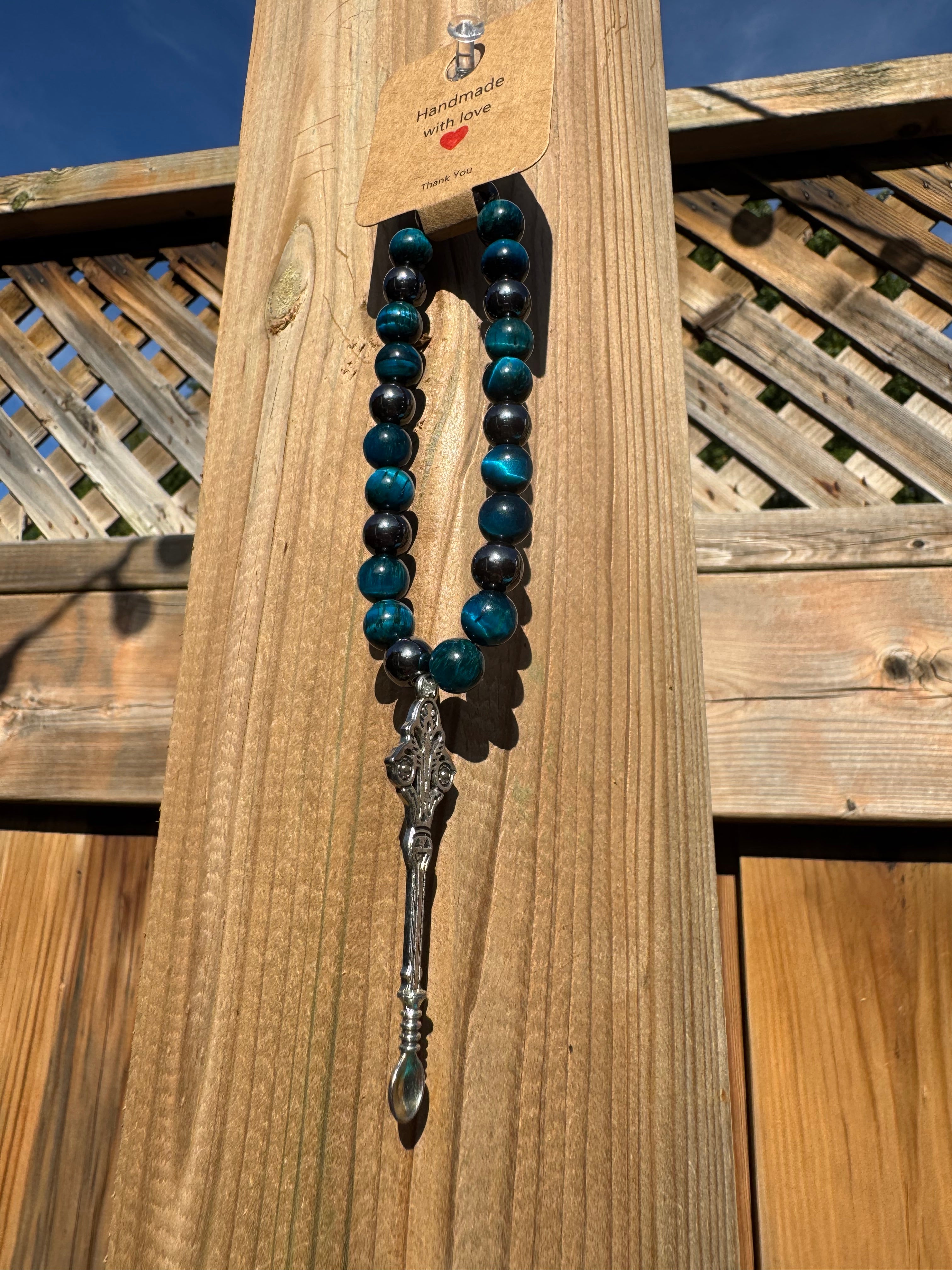 BLUE TIGERS EYE & BLACK HEMATITE STONE BEAD BRACELET