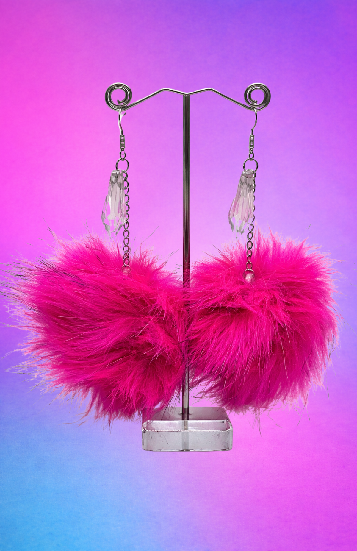 CRYSTAL HOT PINK FUZZY POM POM EARRINGS