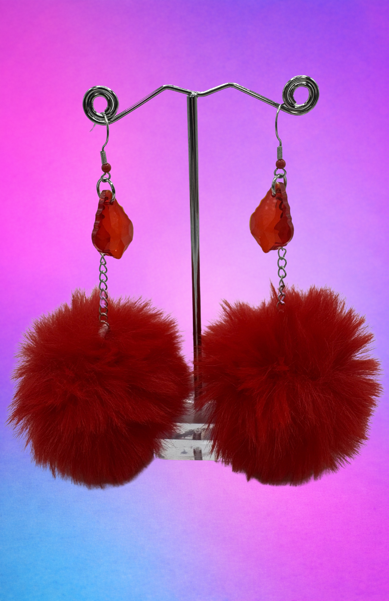 CRYSTAL RED POM POM EARRINGS
