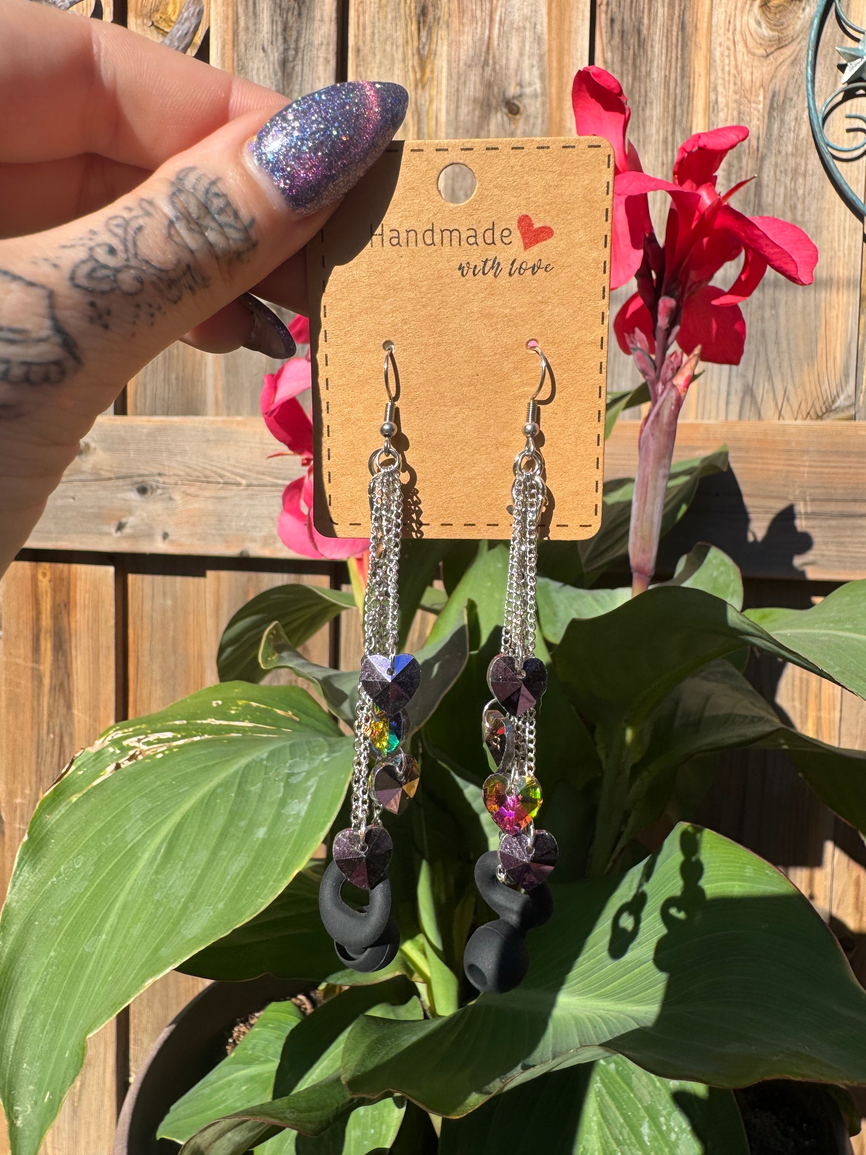 RAINBOW CRYSTAL HEARTS EARPLUG EARRINGS