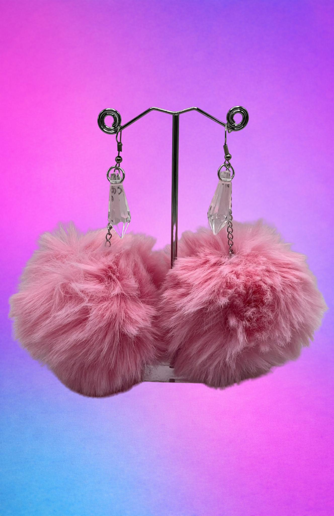 TEARDROP CRYSTAL BABY PINK POM POM EARRINGS