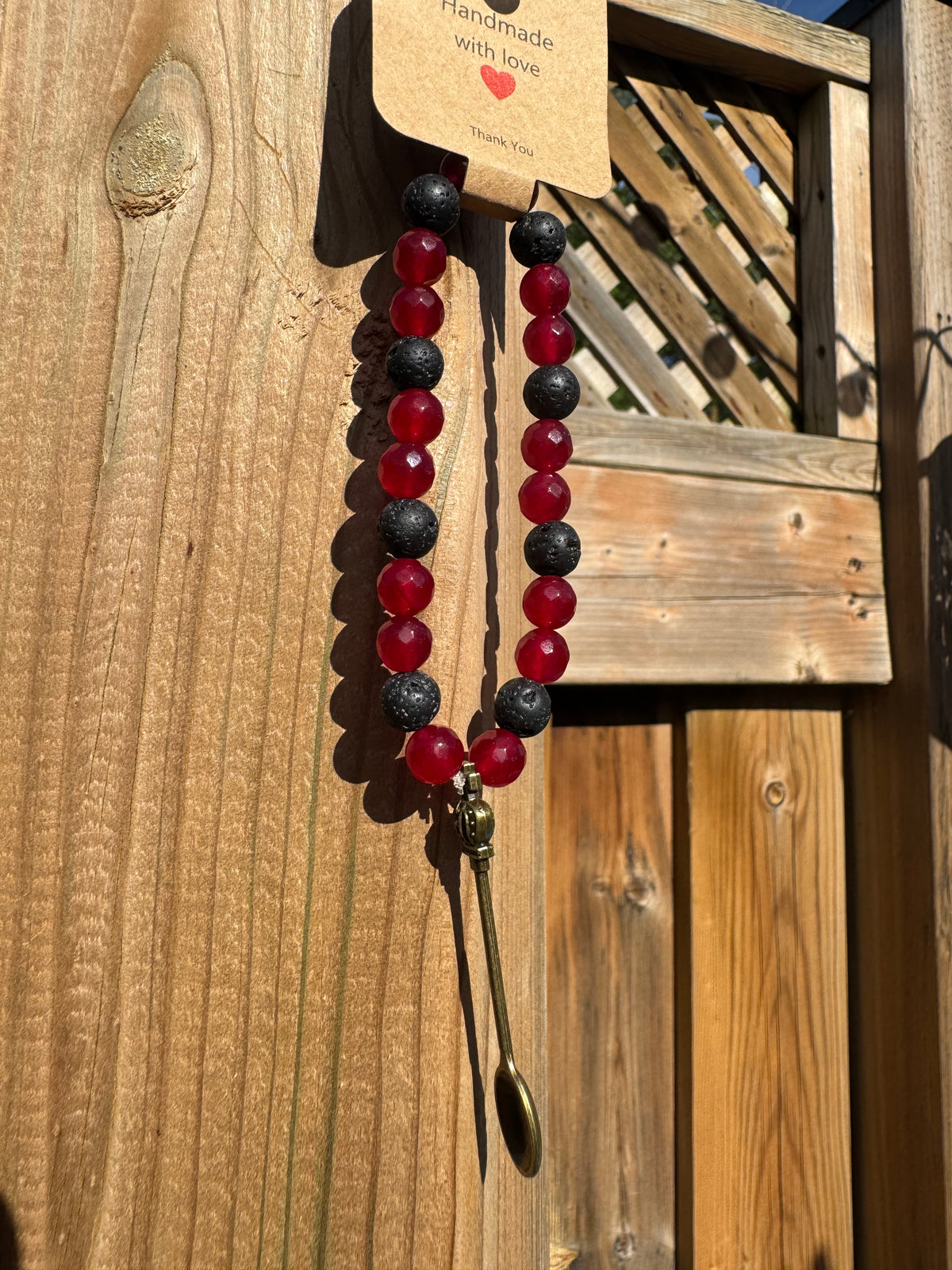 NATURAL BLACK LAVA & RUBY JADES STONE BEAD BRACELET