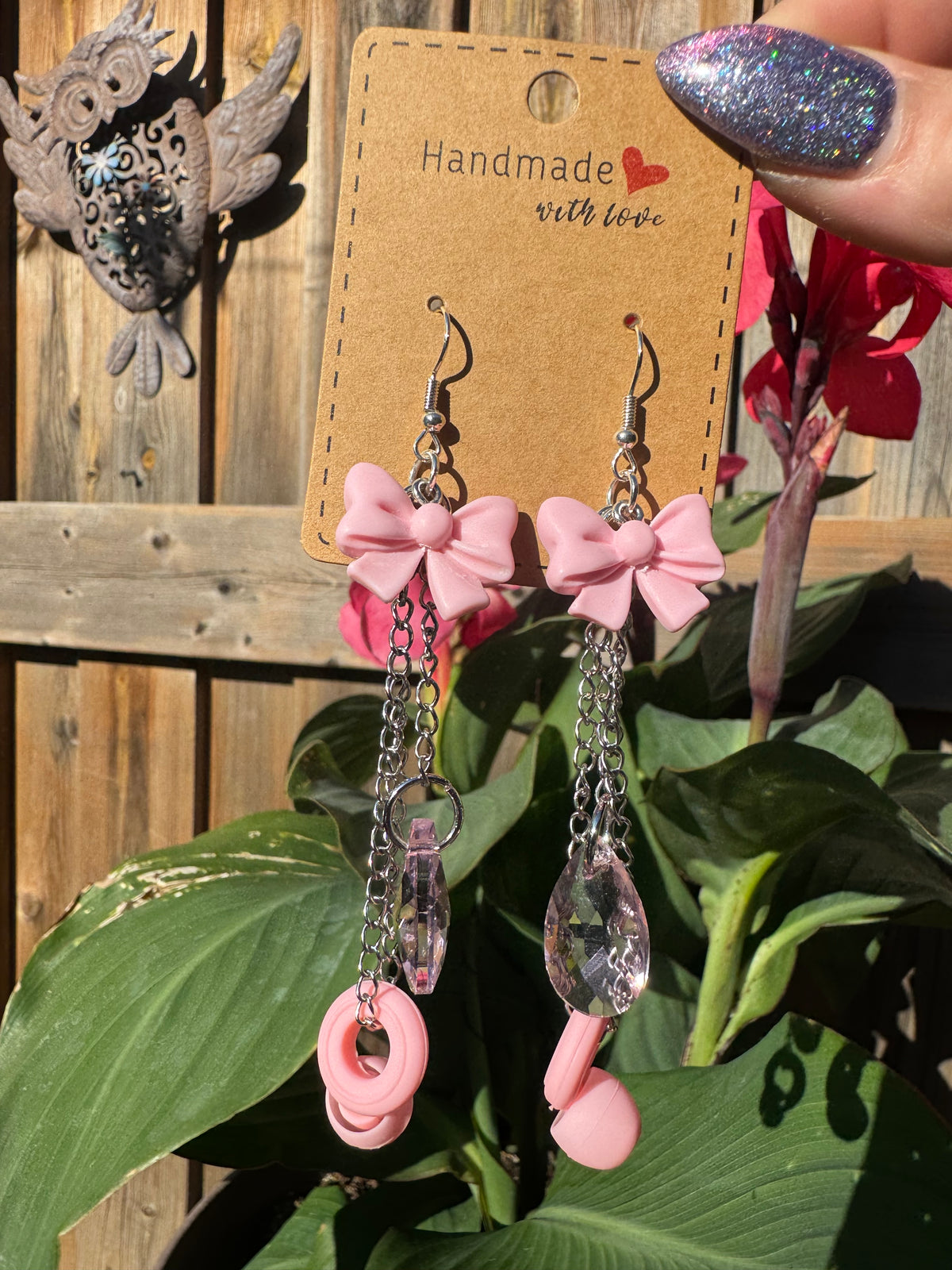 PINK BOW EARPLUG EARRINGS