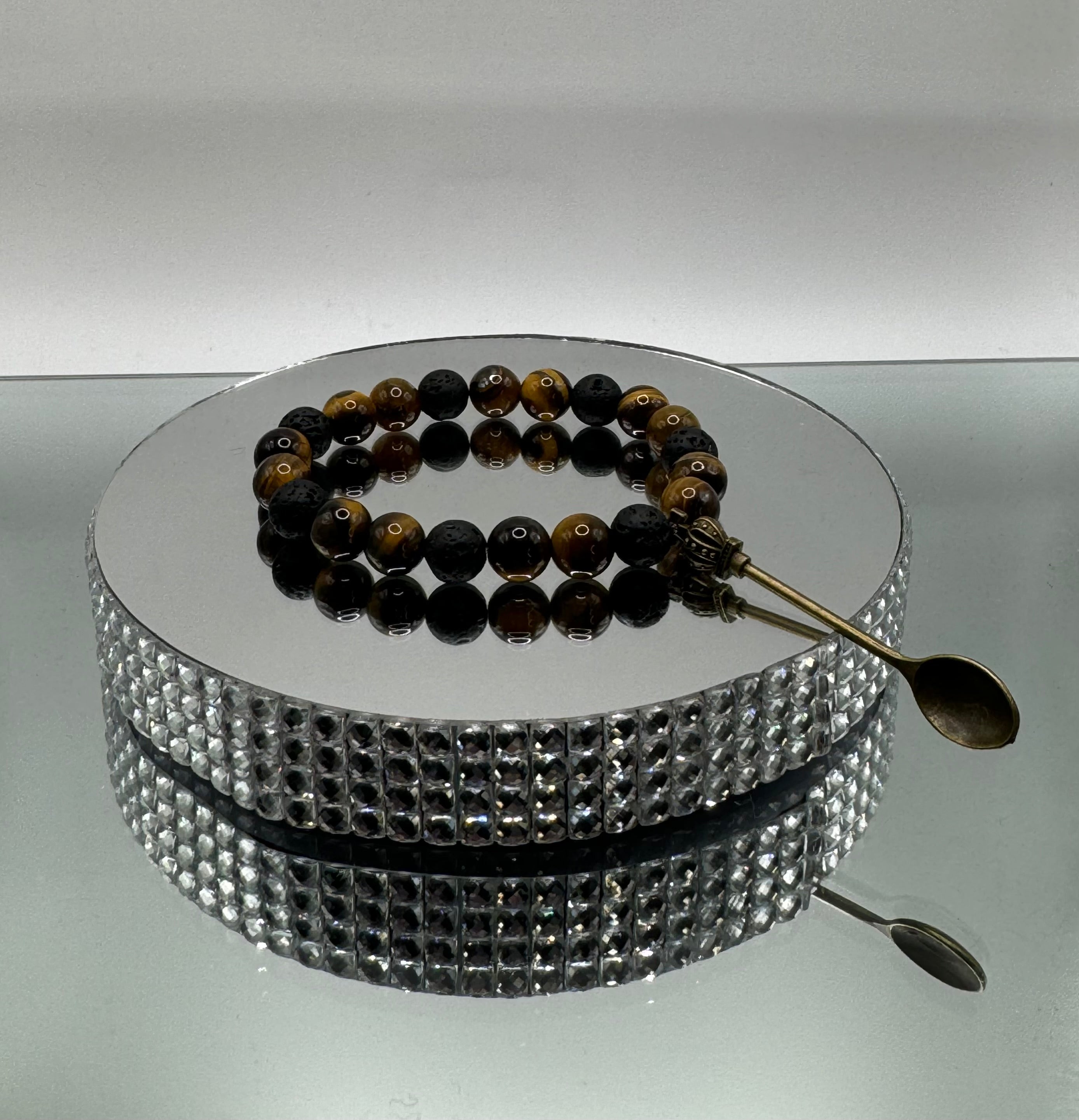 NATURAL BLACK LAVA & TIGER’S EYE STONE BEAD BRACELET