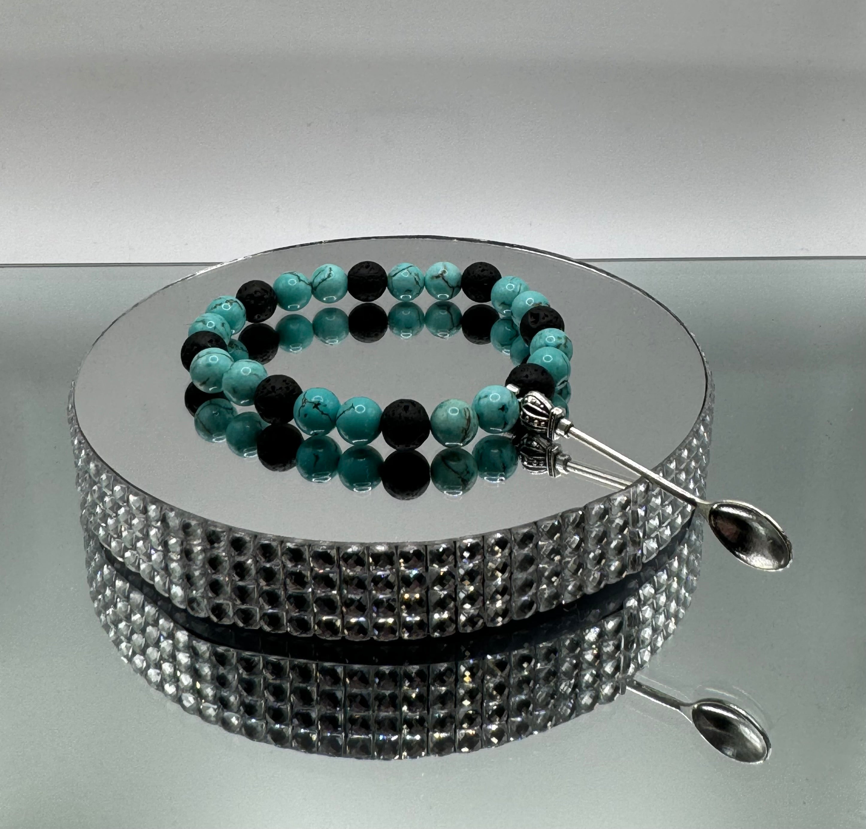 NATURAL BLACK LAVA & BLUE TURQUOISE STONE BEAD BRACELET