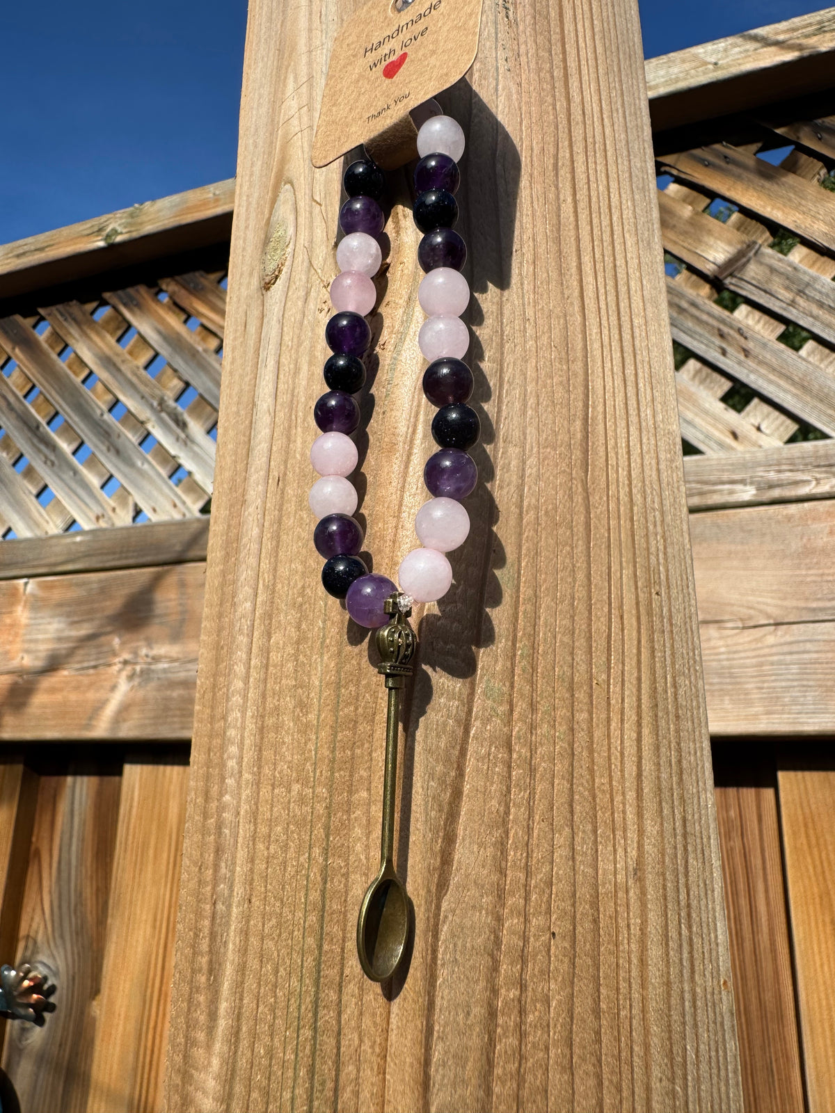 ROSE QUARTZ & AMETHYST & BLACK OBSIDIAN STONE BEAD BRACELET