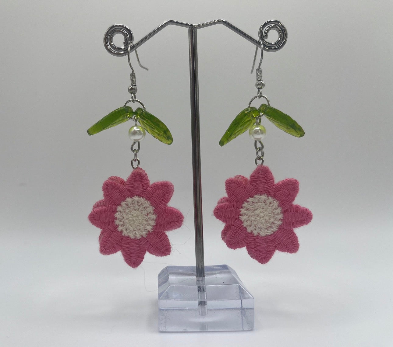 PINK SEWN FLOWER LEAF EARRINGS