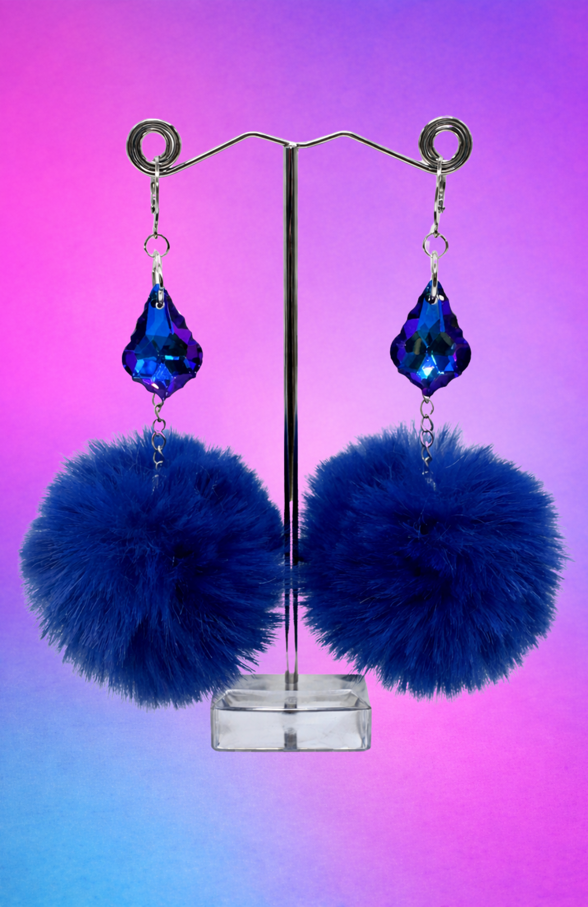 TEARDROP CRYSTAL ROYAL BLUE POM POM EARRINGS