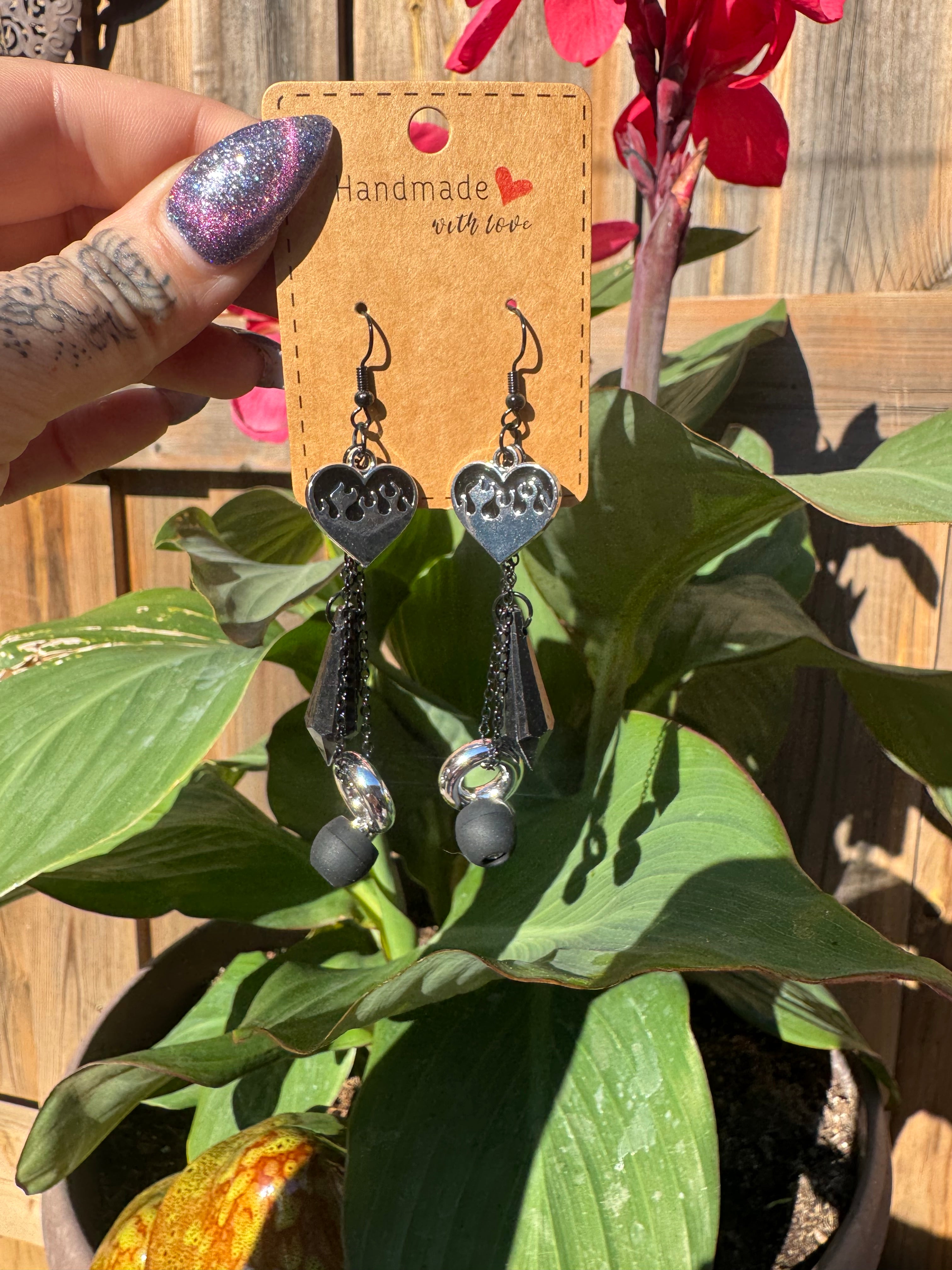 FLAMING HEARTS EARPLUG EARRINGS