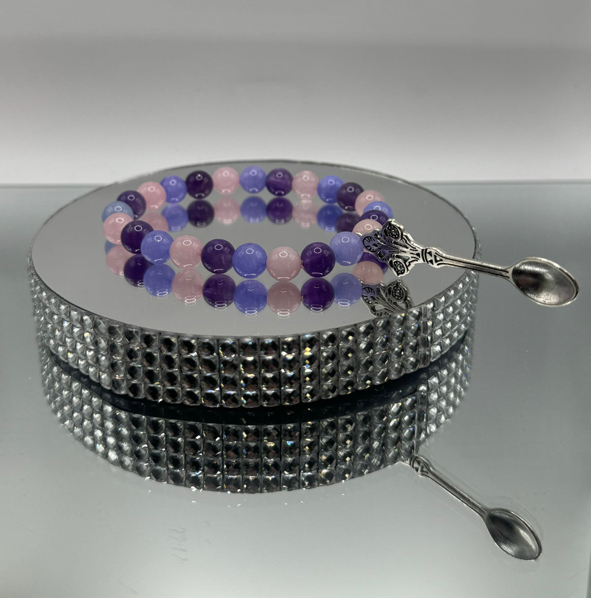 ROSE QUARTZ, TOOTH AMETHYST & BLUE ANGELITE STONE BEAD BRACELET