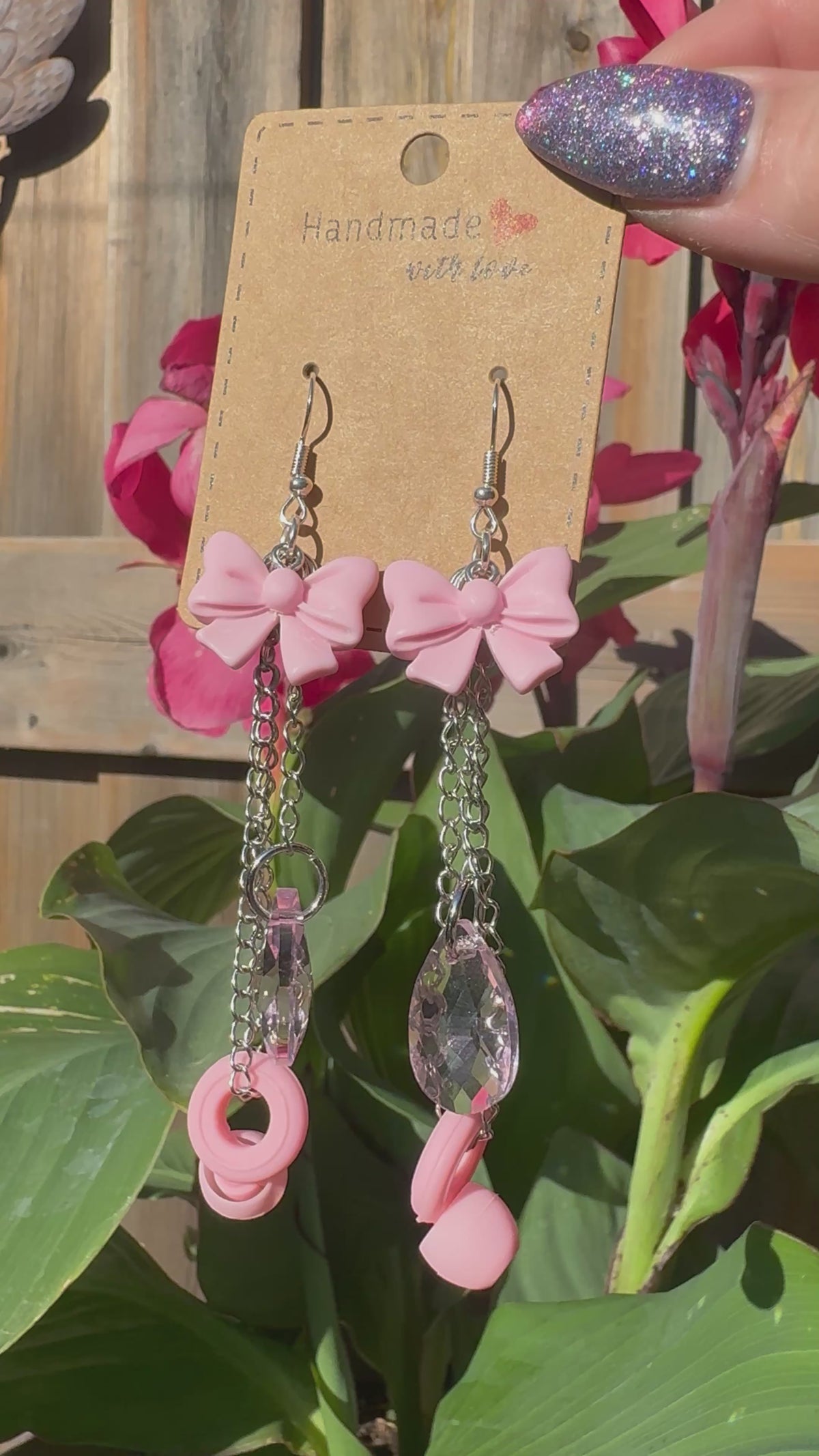 PINK BOW EARPLUG EARRINGS