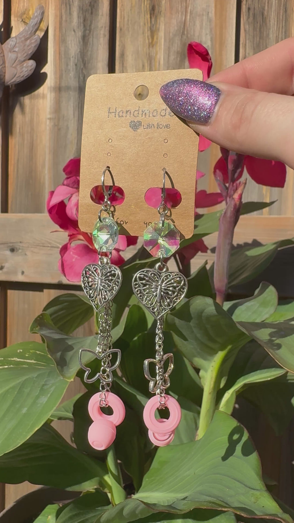 PINK CRYSTAL BUTTERFLY EARPLUG EARRINGS
