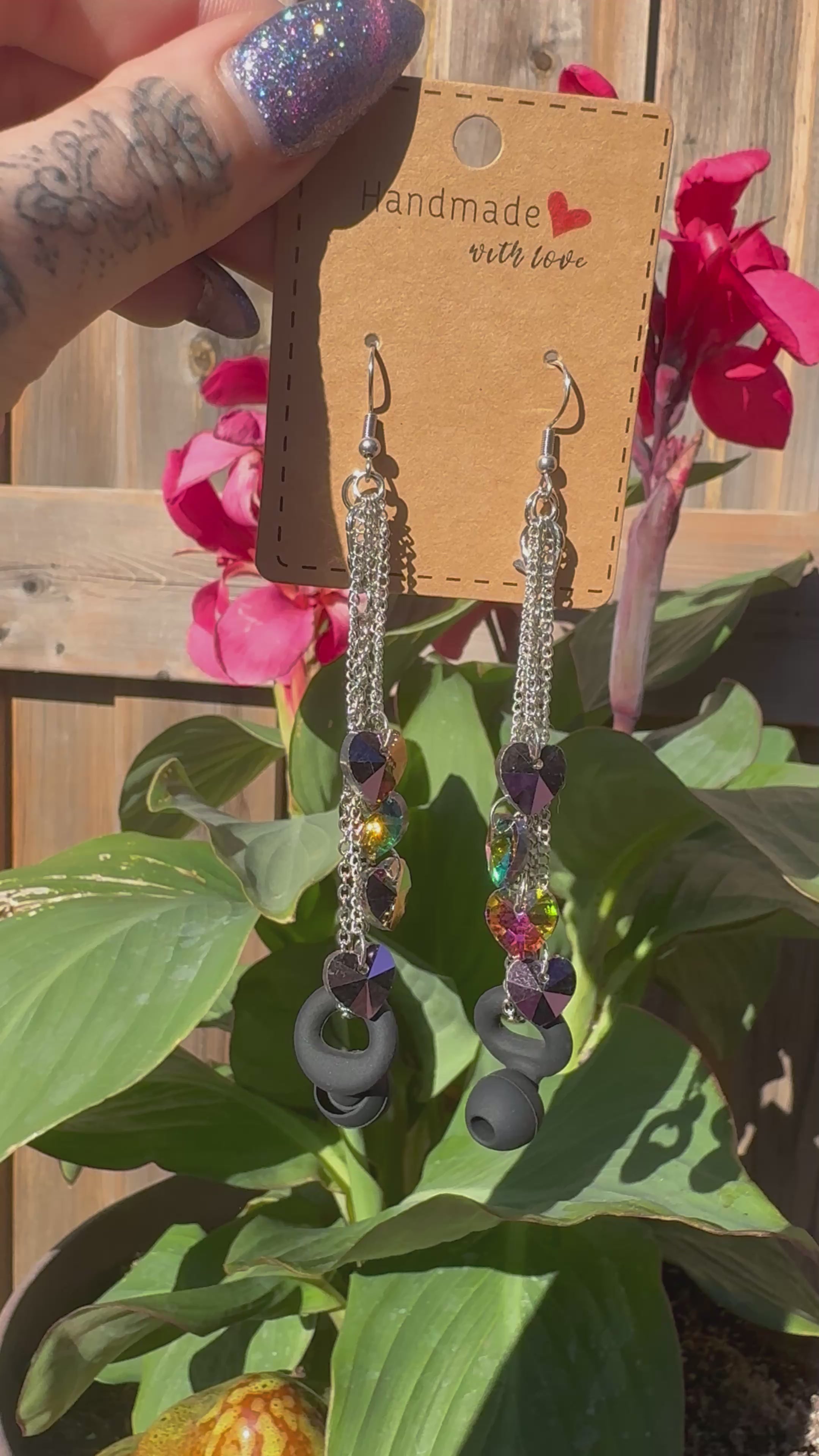 RAINBOW CRYSTAL HEARTS EARPLUG EARRINGS