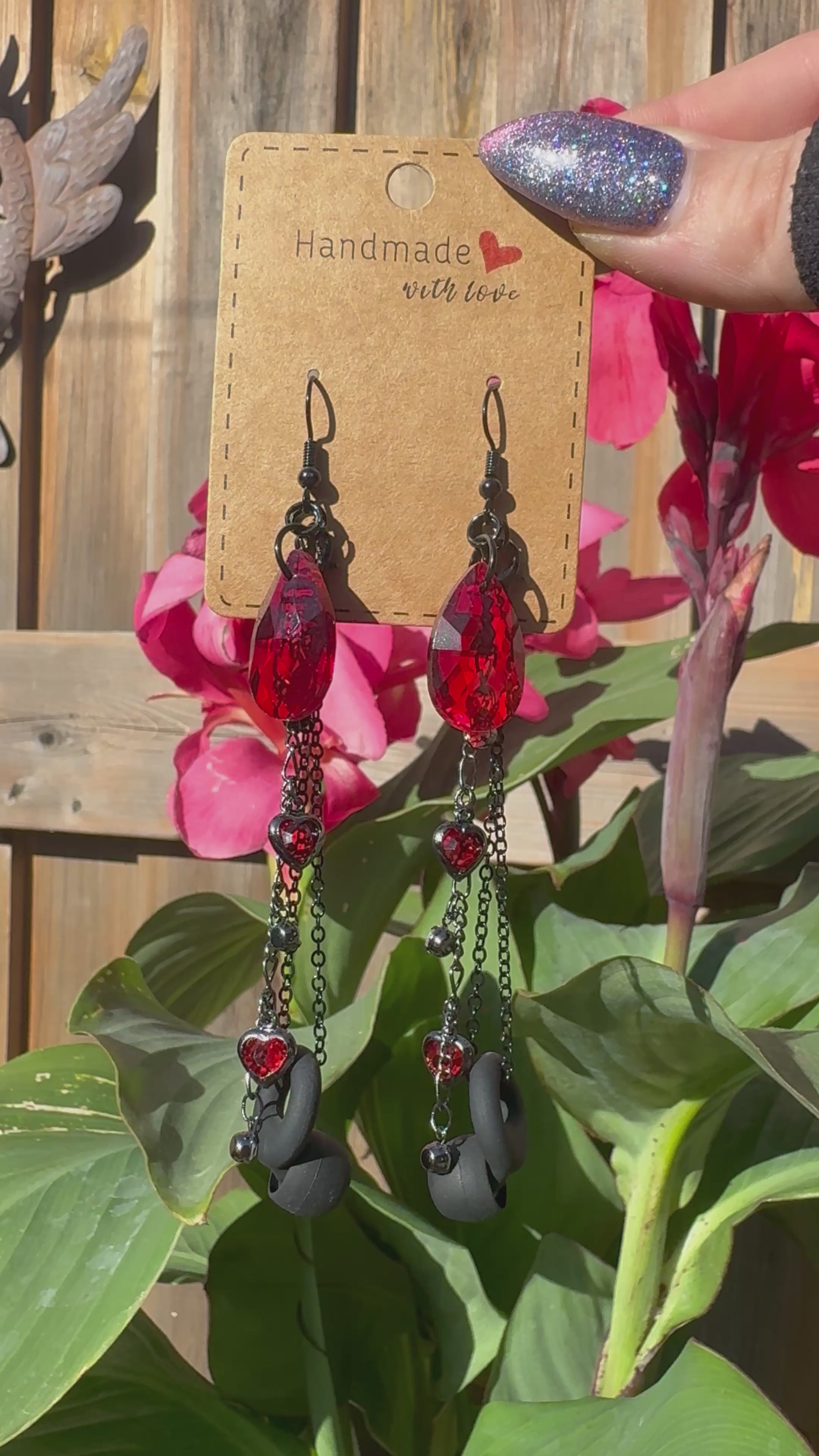 CRYSTAL RED HEARTS EARPLUG EARRINGS